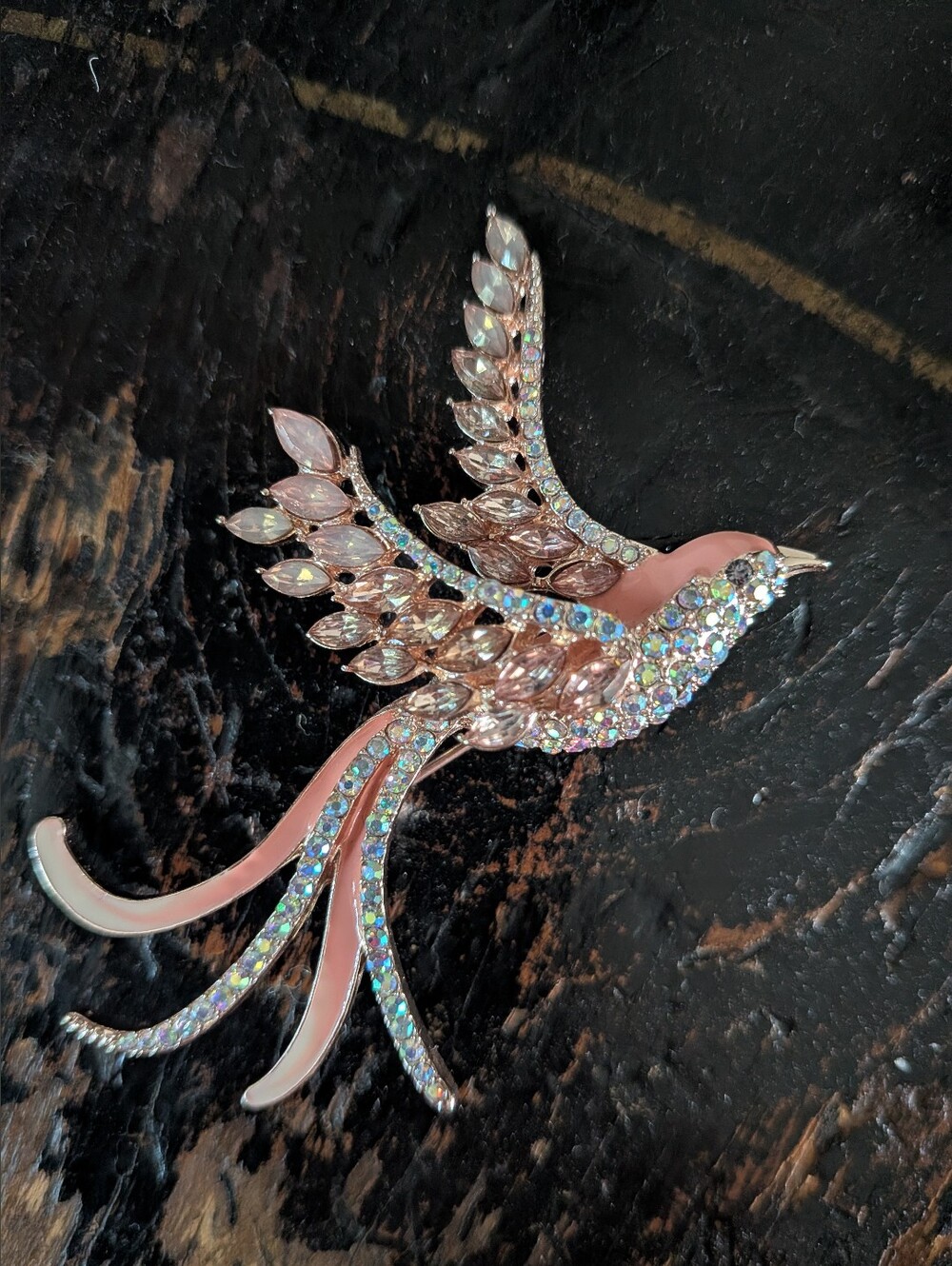 ANNE KLEIN I Vintage Pink Enamel & Crystal Bird Brooch w/ Iridescent Rhinestones